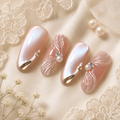 Pearl Chrome Press On Nails | Nude Pink 3D Shell Gel Nails