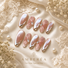 Pearl Chrome Press On Nails | Nude Pink 3D Shell Gel Nails