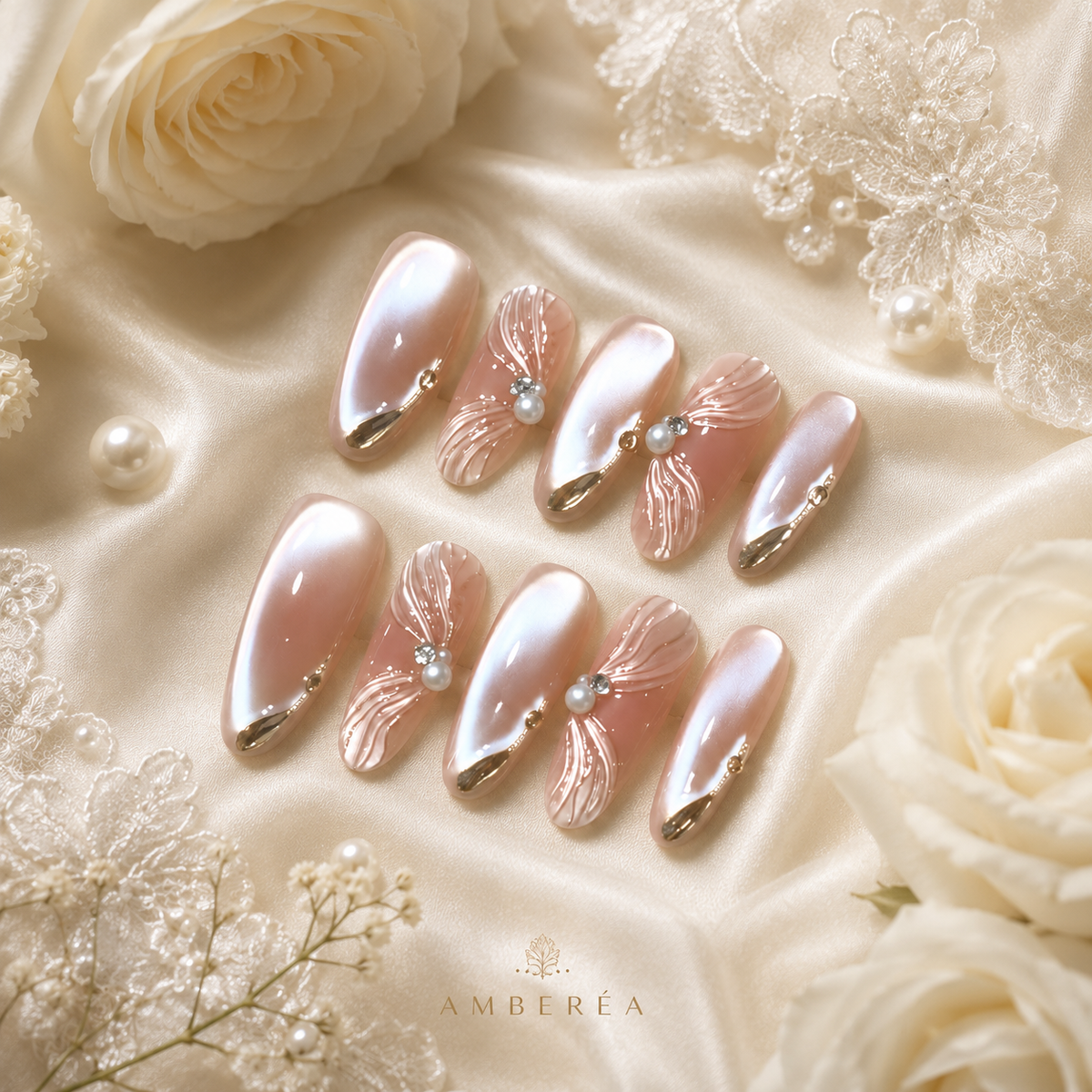 Pearl Chrome Press On Nails | Nude Pink 3D Shell Gel Nails