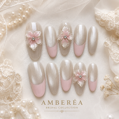 Bridal Pearl Chrome Press On Nails | 3D Flower Wedding Gel Nails