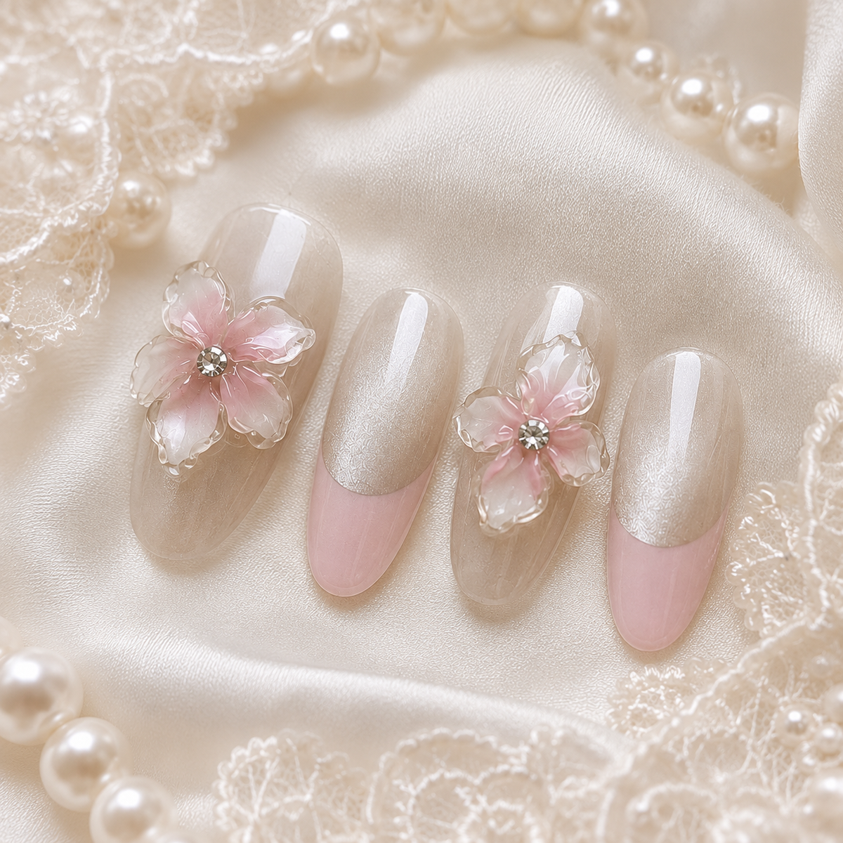 Bridal Pearl Chrome Press On Nails | 3D Flower Wedding Gel Nails