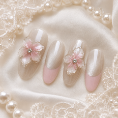 Bridal Pearl Chrome Press On Nails | 3D Flower Wedding Gel Nails