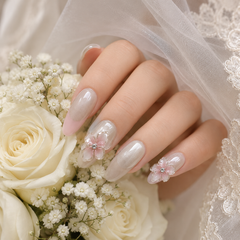 Bridal Pearl Chrome Press On Nails | 3D Flower Wedding Gel Nails