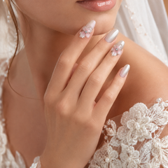 Bridal Pearl Chrome Press On Nails | 3D Flower Wedding Gel Nails