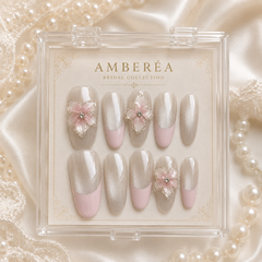 Bridal Pearl Chrome Press On Nails | 3D Flower Wedding Gel Nails