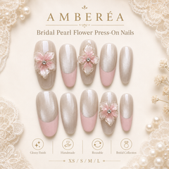 Bridal Pearl Chrome Press On Nails | 3D Flower Wedding Gel Nails