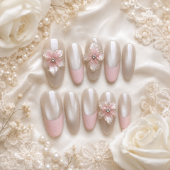 Bridal Pearl Chrome Press On Nails | 3D Flower Wedding Gel Nails