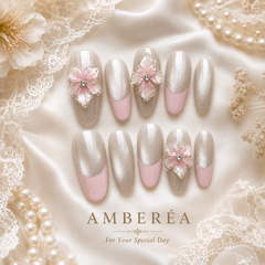 Bridal Pearl Chrome Press On Nails | 3D Flower Wedding Gel Nails