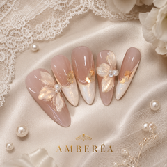 Pearl Butterfly Bridal Press On Nails | Nude Pink Wedding Gel Nails