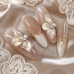 Pearl Butterfly Bridal Press On Nails | Nude Pink Wedding Gel Nails