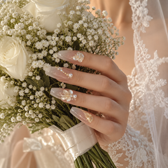 Pearl Butterfly Bridal Press On Nails | Nude Pink Wedding Gel Nails