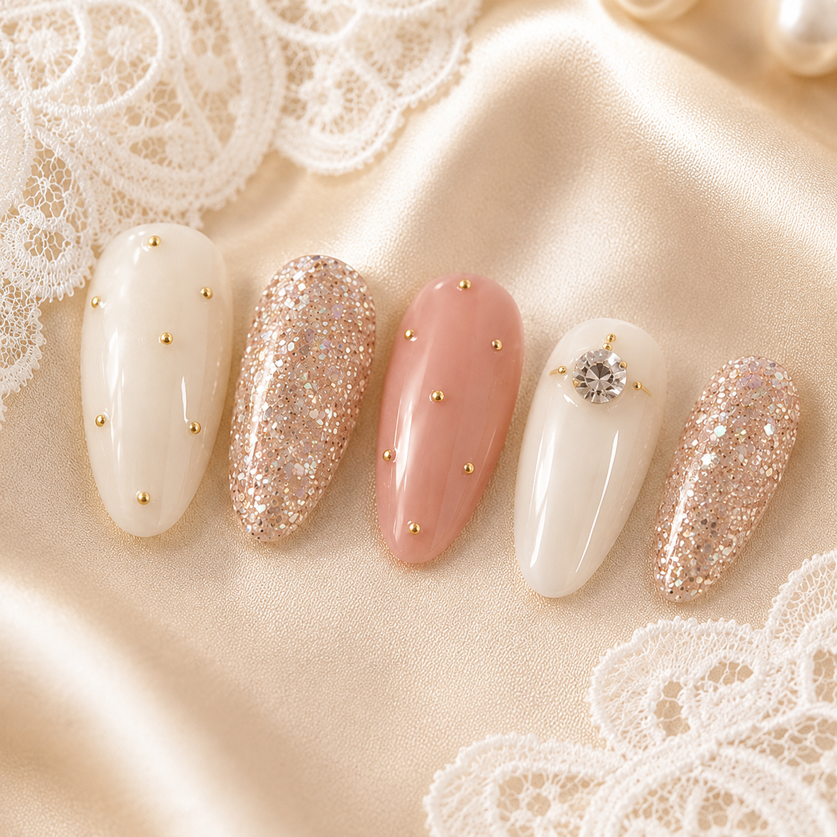 Luxury Pearl Glitter Press On Nails | Pink Wedding Gel Nails