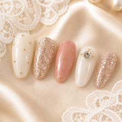 Luxury Pearl Glitter Press On Nails | Pink Wedding Gel Nails