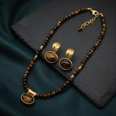 Gold-Tone Oval Tiger-Eye Effect Necklace & Earrings Set