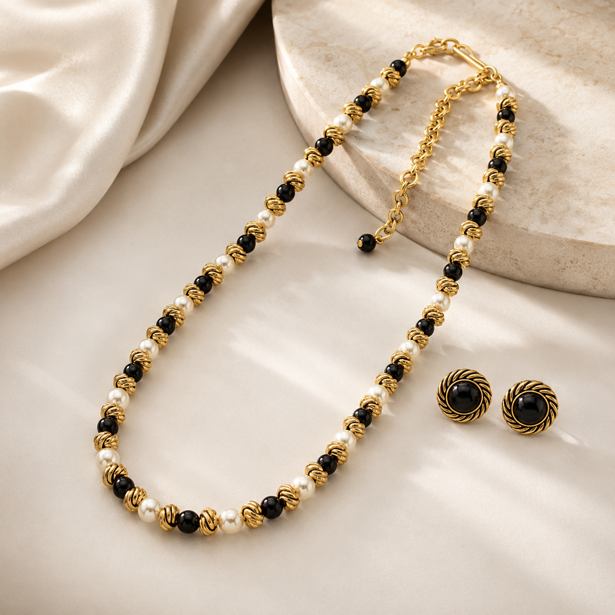 Black White Pearl Jewelry Set | Gold Necklace and Earrings Set for Women