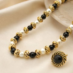 Black White Pearl Jewelry Set | Gold Necklace and Earrings Set for Women