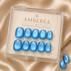 Sky Blue Cat Eye Press On Nails – Handmade Glossy Reusable Fake Nails