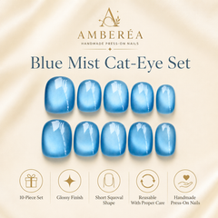 Sky Blue Cat Eye Press On Nails – Handmade Glossy Reusable Fake Nails