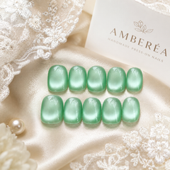Green Cat Eye Press On Nails | Handmade Reusable Press-On Nails by AMBERÉA