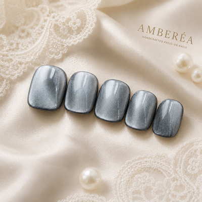 Silver Gray Cat-Eye Press-On Nails – Metallic
