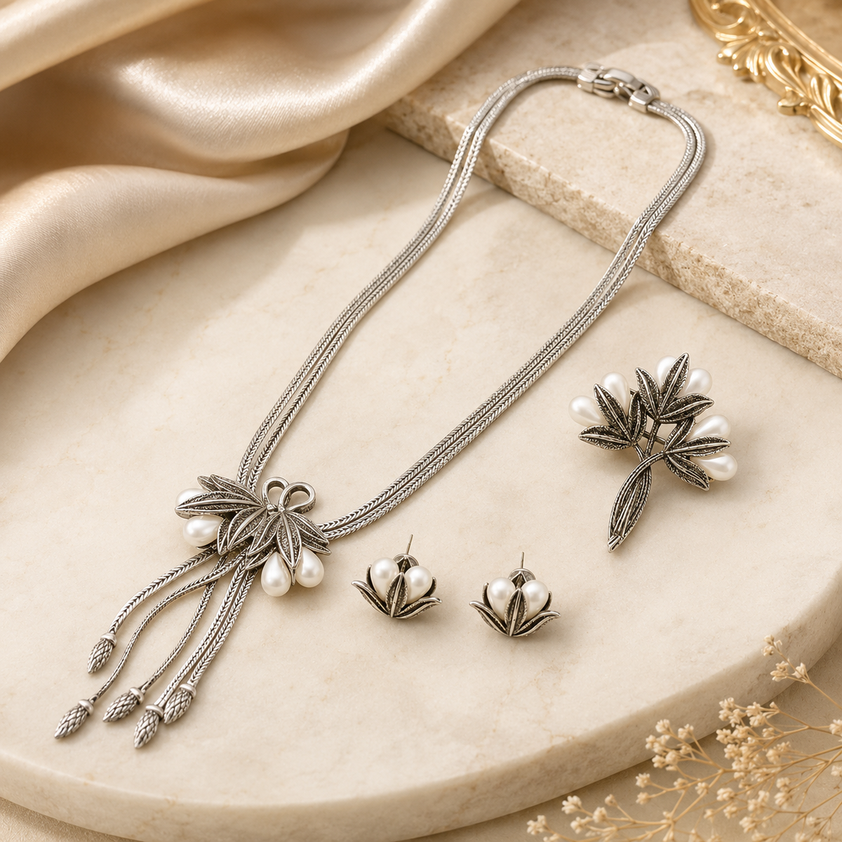 Vintage Pearl Jewelry Set | Silver Tone Necklace Brooch Earrings Set for Women