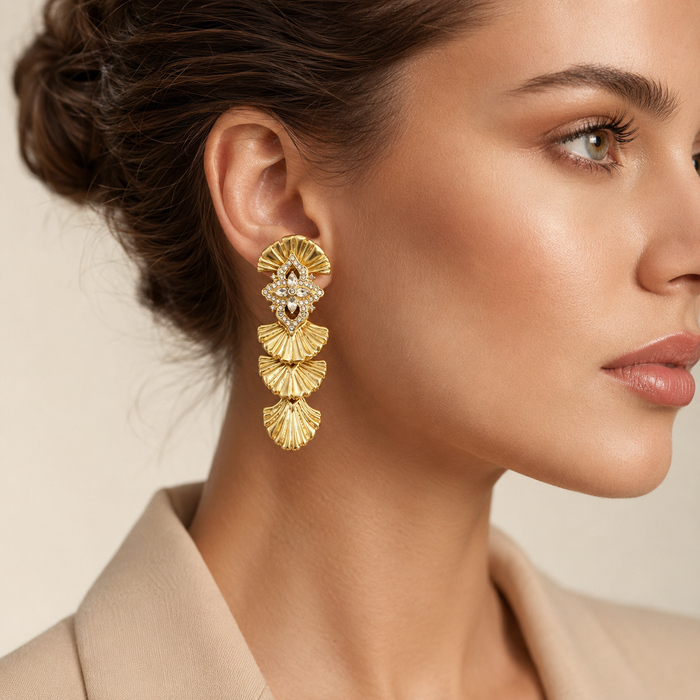 Gold Rhinestone Statement Earrings | Vintage Fan Drop Earrings for Women