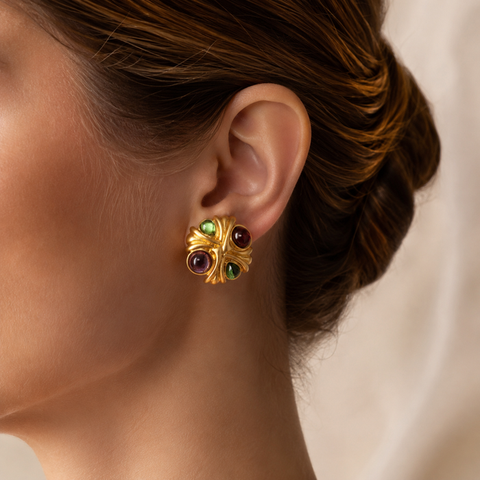 Vintage Gold Gemstone Earrings | Colorful Statement Stud Earrings for Women