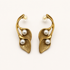 Gold Pearl Leaf Earrings | Vintage Botanical Statement Earrings for Women