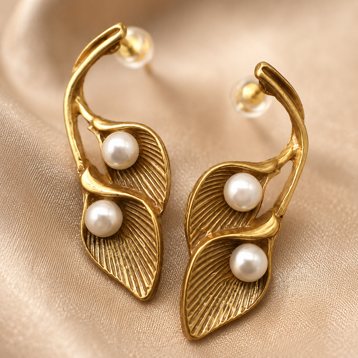 Gold Pearl Leaf Earrings | Vintage Botanical Statement Earrings for Women