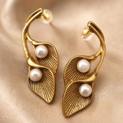 Gold-Tone Faux Pearl Leaf Earrings