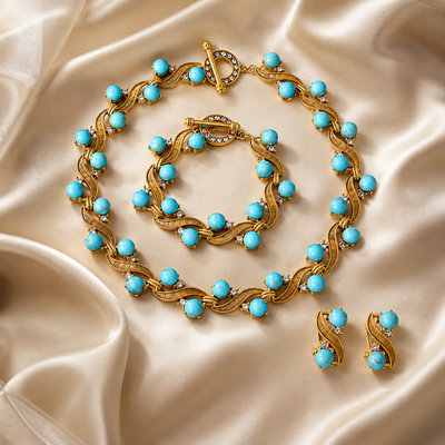 Turquoise Blue Blue Gold Necklace & Earrings Set