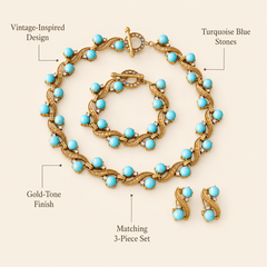 Turquoise Blue Gold Jewelry Set | Necklace Bracelet Earrings Set for Women