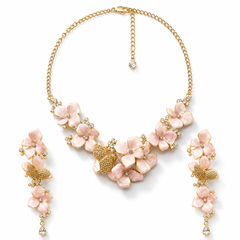 Pink Floral Butterfly Necklace and Earrings Set for Women