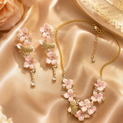Pink Floral Butterfly Necklace and Earrings Set