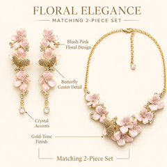 Pink Floral Butterfly Necklace and Earrings Set for Women