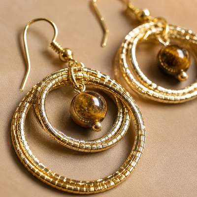 Gold-Tone Tiger-Eye Effect Hoop Earrings