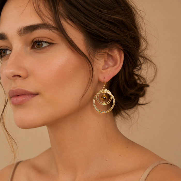 Tiger Eye Gold Hoop Earrings | Vintage Statement Earrings for Women