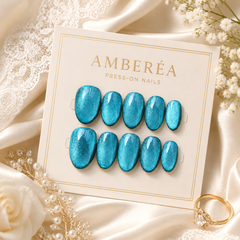 Teal Blue Cat Eye Press On Nails – Handmade Glossy Reusable Oval Nails