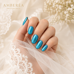 Teal Blue Cat Eye Press On Nails – Handmade Glossy Reusable Oval Nails