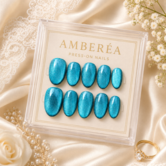Teal Blue Cat Eye Press On Nails – Handmade Glossy Reusable Oval Nails