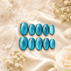 Teal Blue Cat Eye Press On Nails – Handmade Glossy Reusable Oval Nails