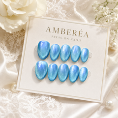 Glacier Blue Cat Eye Press On Nails | Handmade Reusable Nails by AMBERÉA