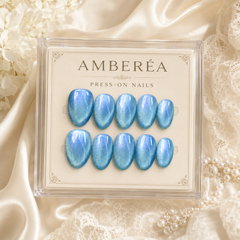 Glacier Blue Cat Eye Press On Nails | Handmade Reusable Nails by AMBERÉA