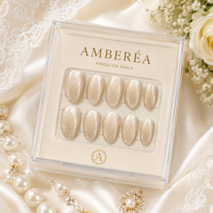 Champagne Nude Cat Eye Press On Nails | Handmade Reusable Bridal Nails by AMBERÉA