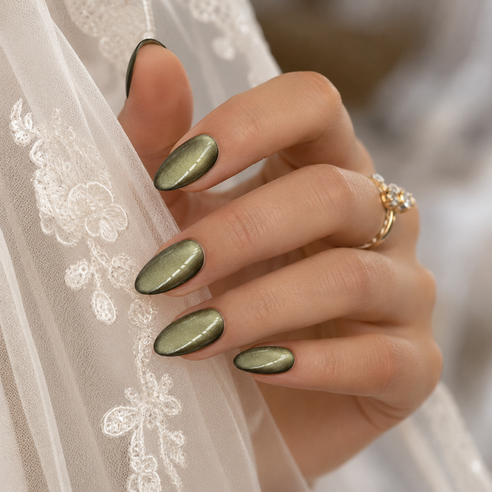 Olive Green Cat Eye Press On Nails | Handmade Reusable Nails by AMBERÉA