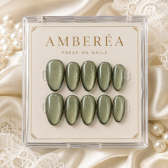 Olive Green Cat Eye Press On Nails | Handmade Reusable Nails by AMBERÉA