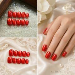 Red Cat Eye Press On Nails | Handmade Reusable Glossy Nails by AMBERÉA