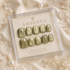 Olive Gold Cat Eye Press On Nails | Handmade Reusable Short Square Nails by AMBERÉA