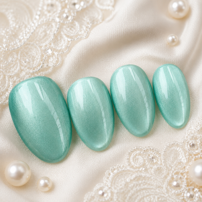 Aqua Mint Cat Eye Press On Nails | Handmade Reusable Bridal Nails by AMBERÉA