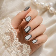 Black Silver Cat Eye Press On Nails | Handmade Reusable Short Square Nails by AMBERÉA